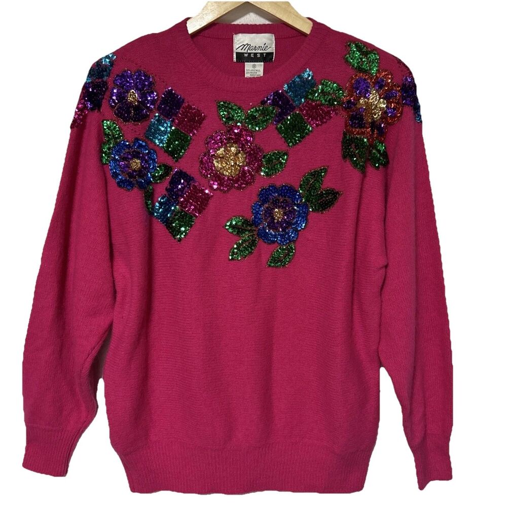 Marnie West Sweater Women Medium Pink Floral Angora Wool Blend NWT Vintage